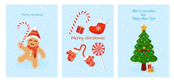Set Christmas New Year Cards Gingerbread Man Tree Mittens Socks — Stok Foto