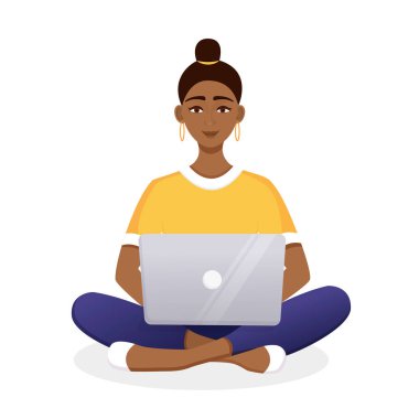 Kadın dizüstü bilgisayarda çalışıyor. Serbest çalışmanın düz vektör çizimi, evde çalışmak, iş, ofis, eğitim. Sosyal ağlarda uzaktan çalışma ve iletişim. Çizgi film biçimi