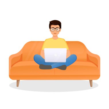 Adam dizüstü bilgisayarlı bir odada kanepede oturuyor. Serbest çalışmanın düz vektör çizimi, evde çalışmak, iş, ofis, eğitim. Sosyal ağlarda uzak çalışma ve iletişim.