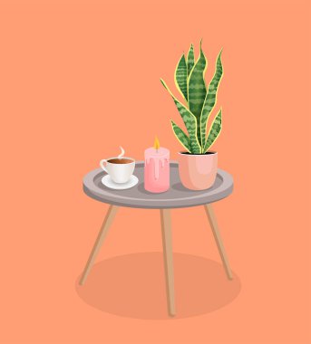 Mumlu kahve masası, bir fincan kahve, bir bitki. Ev elementlerinin vektör çizimi. Çizgi film biçimi.