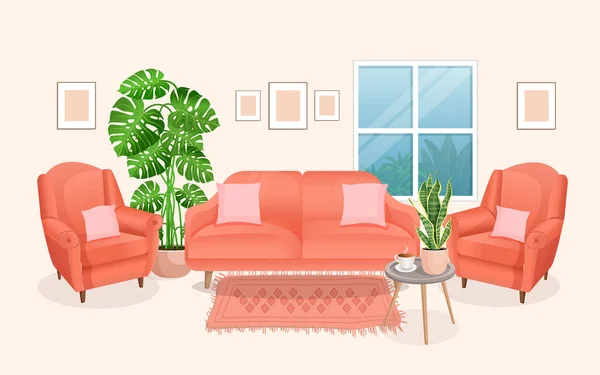Μοντέρνο Σαλόνι Εσωτερικό Έπιπλα Και Φυτά Στο Σπίτι Σχεδιασμός Ενός — Διανυσματικό Αρχείο