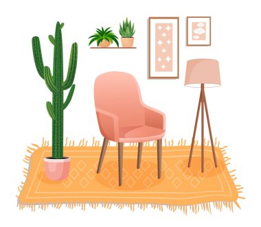 Modern mobilya ve bitkilerle güzel bir iç mekan. Yumuşak sandalyesi, çiçekleri, halısı ve lambası olan rahat bir oturma odası tasarımı. Vektör düz biçim illüstrasyonu
