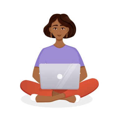 Kadın dizüstü bilgisayarda çalışıyor. Serbest çalışmanın düz vektör çizimi, evde çalışmak, iş, ofis, eğitim. Sosyal ağlarda uzaktan çalışma ve iletişim. Çizgi film biçimi