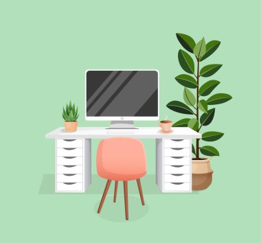Ev ofisi, dolap, uzaktan çalışma, serbest çalışma, öğretmenlik için izole edilmiş yeşil arka plana sahip bilgisayar, masa, bitki, sandalye ve fincanla çalışma alanı. Çizgi film tarzında vektör illüstrasyonu