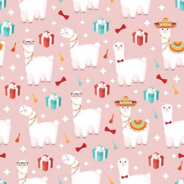 Pembe arka planda hediyeler ve dekorlarla şapkalı komik Lamalar 'la kusursuz bir düzen. Bebek dokusu, tekstil, kumaş, poster ve tebrik kartı için uygun vektör çizimi. Peru 'dan tatlı alpaka.