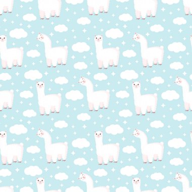 Tuhaf lama, bulutlar ve yıldızların mavi arka planda olduğu kusursuz bir desen. Bebek dokusu, tekstil, kumaş, poster, tebrik kartı ve dekor için uygun vektör çizimi. Peru 'dan tatlı alpaka..