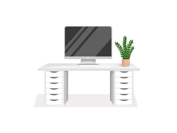 Comfortable Workspace Computer Table Plant Isolated White Background Home Office — Stock Vector