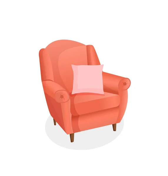 Cozy red armchair with a pillow on an isolated white background. Vector illustration of a home chair for the interior. Modern furniture for living room, bedroom, lobby. Icon, element. — Stock Vector