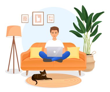 Adamın biri kedisiyle birlikte bir odada dizüstü bilgisayarla oturuyor. Serbest çalışmanın düz vektör çizimi, evde çalışmak, iş, ofis, eğitim. Sosyal ağlarda uzak çalışma ve iletişim.