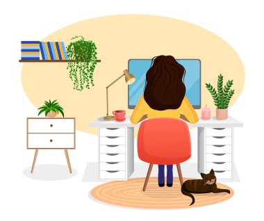 Serbest çalışan bir kadın, yönetici evde bilgisayar başında masa başında çalışıyor. Kızın arka görüntüsü. Uzaktan çalışma, evdeki ofis, programlama. Bir kediyle iç mekanda çalışırken. Vektör illüstrasyonu.