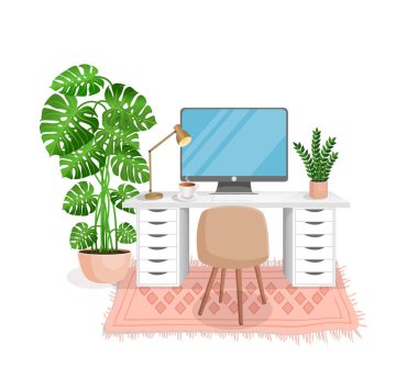 Çalışma alanı bilgisayar, masa, bitki, sandalye, halı, lamba ve fincanla ev ofisi, kabine, uzaktan çalışma, serbest çalışma, öğretmenlik için izole edilmiş beyaz arka plan. Çizgi film tarzında vektör illüstrasyonu