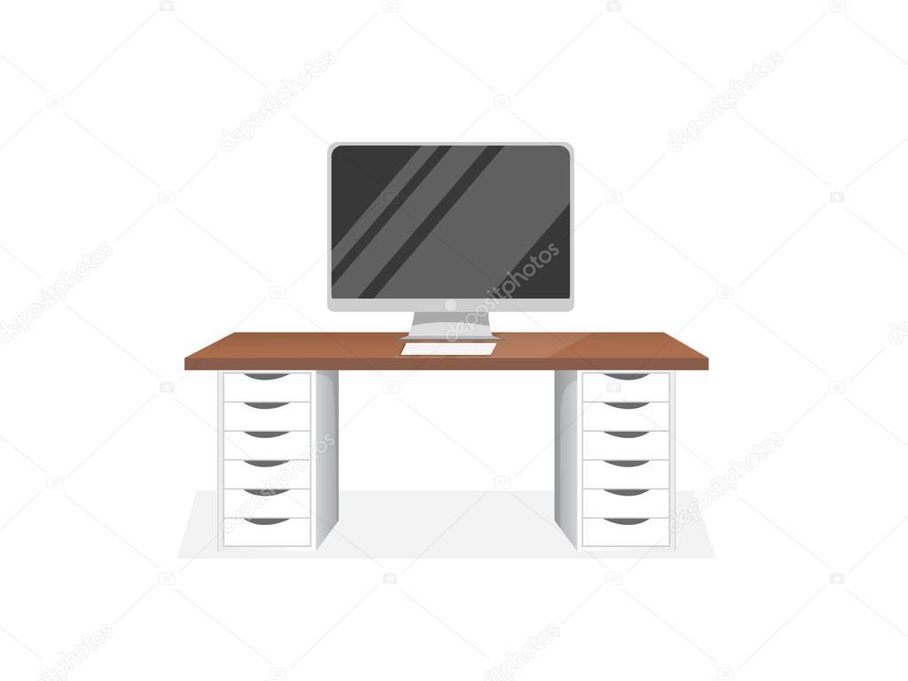 Comfortable workspace with a computer and a table on an isolated white background for home office, cabinet, remote work, freelancing, teaching. Vector illustration in flat cartoon style
