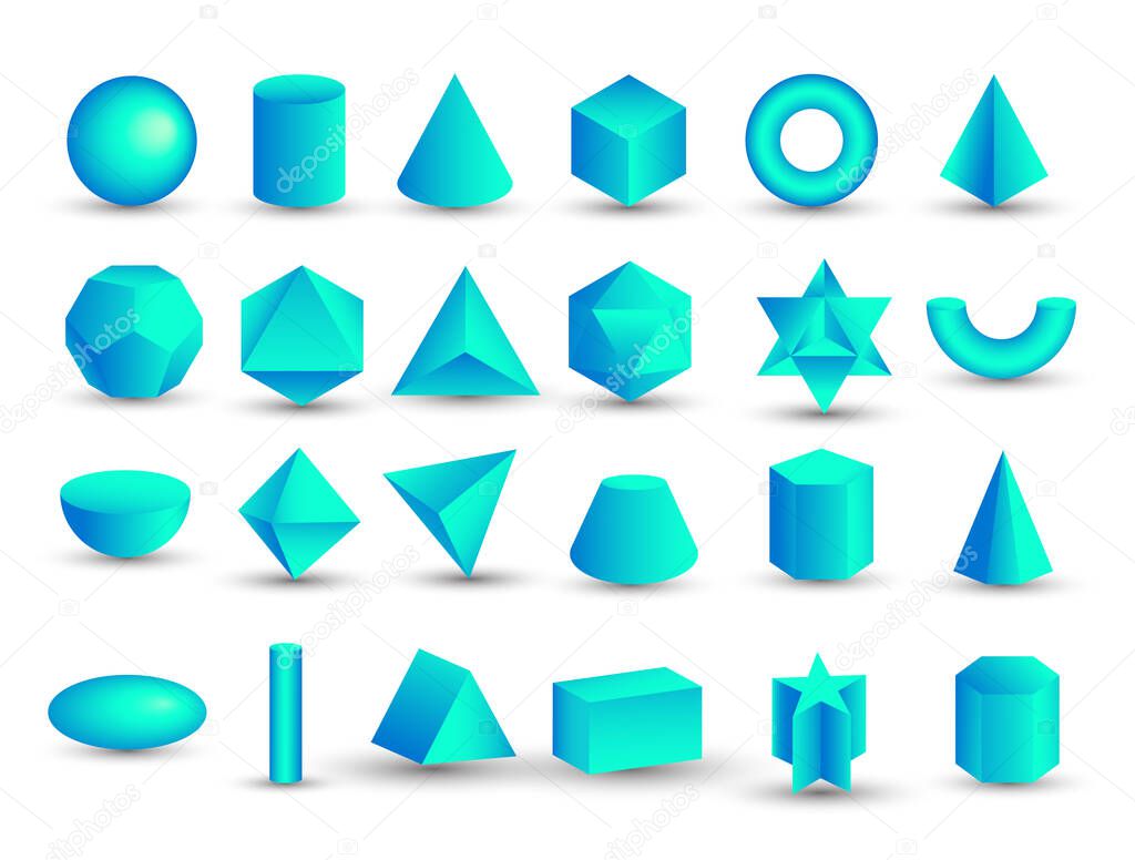 realistic 3D blue geometric shapes isolated on white background. Maths geometrical figure form, realistic shapes model. Platon solid. Geometric shapes icons for education, business, design.