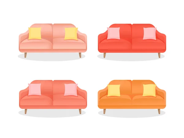 Set aus farbigem Sofa mit Kissen auf einem isolierten weißen Hintergrund. Vektor-Illustration einer bequemen Wohncouch für die Inneneinrichtung. Zeitgenössische Möbel. Kollektion von Sofas im flachen Cartoon-Stil. — Stockvektor