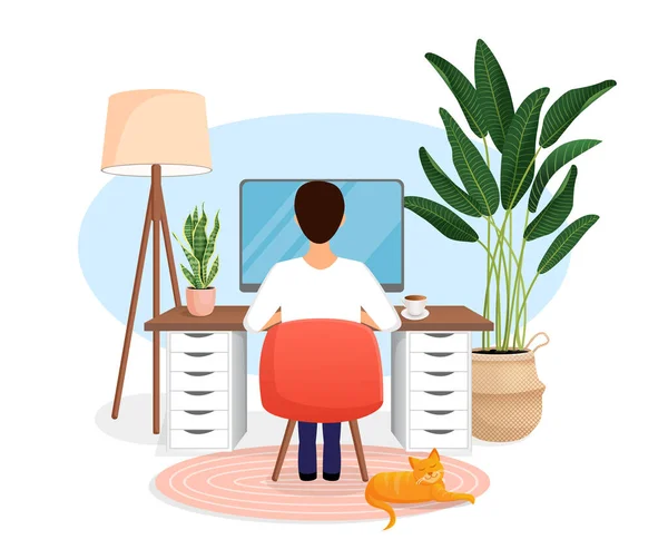 Hombre Freelancer Sienta Escritorio Trabajando Casa Una Computadora Vista Trasera — Vector de stock