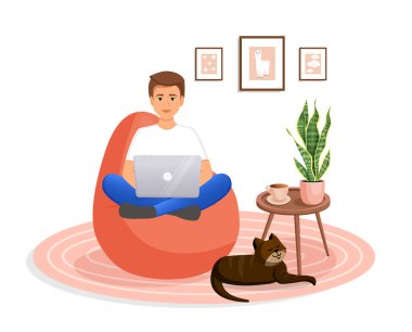 Adam evinde dizüstü bilgisayarında bir koltukta oturuyor. Uzaktan çalışma, evdeki ofis, programlama, serbest çalışma. Evde, karantinada çalış. Vektör çizimi. Bir kediyle iç içe.