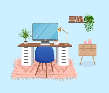 Bilgisayarlı, kabineli, uzaktan kumandalı, serbest çalışan, eğitimli ev işleri için modern iç mekan. Ev bitkileriyle dolu bir işyeri. Çizgi film tarzında vektör illüstrasyonu. Rahat iş yeri ve daire