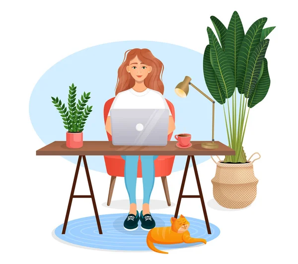 Woman Sits Table Works Home Computer Remote Work Freelance Home — Stock Vector