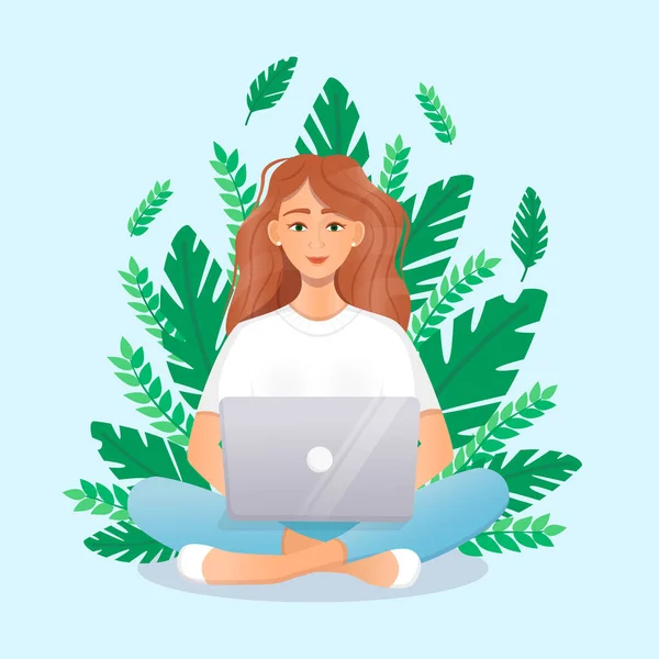 Cute Red Haired Woman Sits Laptop While Sitting Nature Flat — Stock Vector