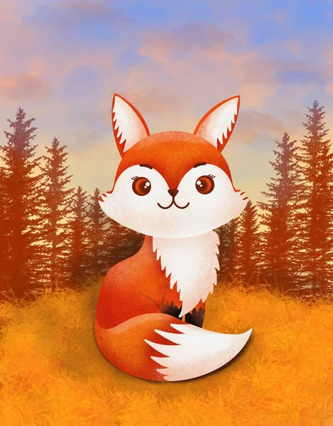 Illustration of cartoon cute fox in the forest for print, wallpaper, postcards, textiles. Animal character design.