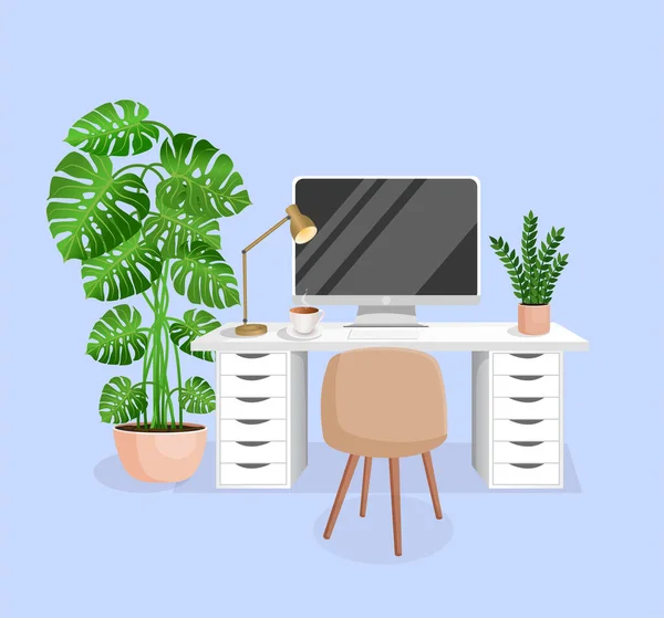 Espacio Trabajo Con Computadora Mesa Planta Lámpara Silla Taza Sobre — Vector de stock