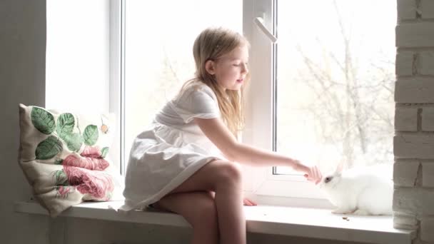 Little Caucasian Girl White Dress Sitting White Windowsill Background Window — Stock Video