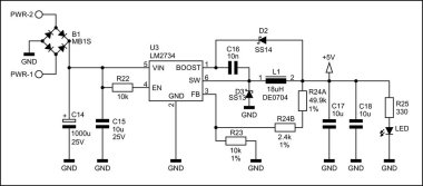 Beyaz kağıt üzerinde dijital elektronik cihazın (güç ünitesi) şematik diyagramı. Entegre devre, kablo, kontrolör, fünye, diyot, kondansatör, direnç, diğer bileşenler ile elektrik devresi çizer.