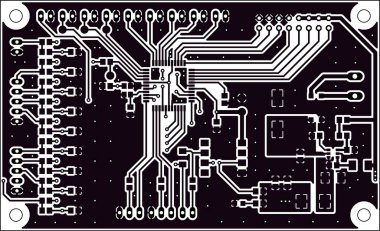Elektronik cihazın basılı devre kartının kondüktörleri takip ediliyor. PCB tasarımının vektör mühendislik çizimi. Elektrikli arka plan. Bilgisayar teknikleri projesi.
