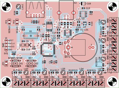 Elektronik cihazın radyo elementleri, iletkenler ve pcb 'ye yerleştirilmiş kontak pedleri içeren vektör baskılı devre kartı. Mühendislik, teknik eğitim çizimi. Bilgisayar teknikleri kaba tasarımı.