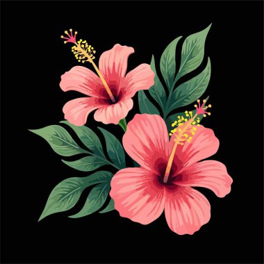 Siyah arka planda yeşil palmiye yaprağı olan vektör pembe amber çiçeği. Parlak yaz Hawaii tropik baskısı. Kusursuz kumaş deseni elementi. Kadın kıyafetleri, tişört, tekstil, kağıt, not defteri, ambalaj.