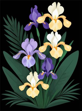 Siyah arka planda palmiye yaprağı olan vektör iris çiçeği. Yaz baskısı. Kusursuz kumaş deseni elementi. Kadın kıyafetleri, battaniye, tişört, tekstil, kağıt, not defteri, ambalaj.