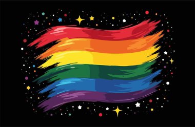 Gökkuşağı çizgili lgbt bayrağının dekoratif çizimiyle vektör tasarımı rüzgarda dalgalanıyor. Moda tişörtü baskısı. Tekstil, kumaş, giysi için gurur yürüyüşü deseni.