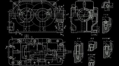 Video animasyonu, indirgeyici, motor, vites kutusu, motor, solucan teçhizatı montajı. Animasyon etkisi. İnşaat makinesinin mekanik kısmının teknik tasarımı.