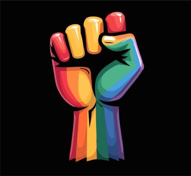 Vektör tasarımı, yumruğun dekoratif çizimiyle gökkuşağı çizgili lgbt bayrağı. Moda tişörtü baskısı. Tekstil, kumaş, giysi için gurur yürüyüşü deseni.