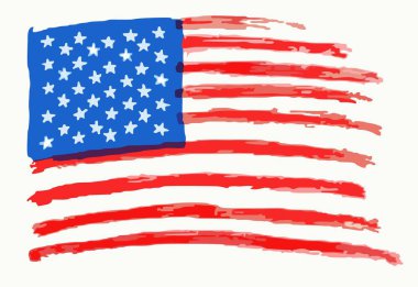 Beyaz arka planda ABD bayrağının dekoratif çizimi olan vektör tasarımı. Moda tişörtü baskısı. Tekstil, kumaş ve giysi için Amerikan desenleri ve dalgalı çizgiler.