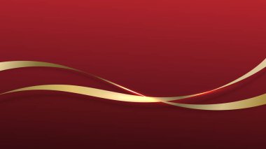 Soyut 3D lüks kurdele hattı elementleri kırmızı zemin üzerinde parlayan ışık etkisi. Kurdele altını..