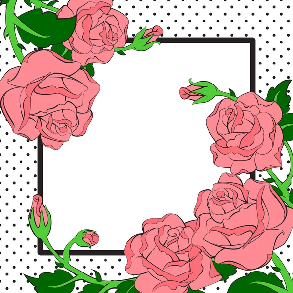 Rosa rose e doti cornice — Vettoriale Stock