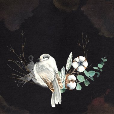 Suluboya Kuş ve Pamuk Yarım Çelenk Kartı