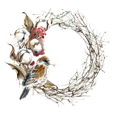 Suluboya Kuş ve Pamuk Yarım Çelenk Kartı