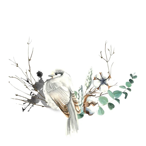 Watercolor Bird and Cotton Half Wreath Card — 图库照片