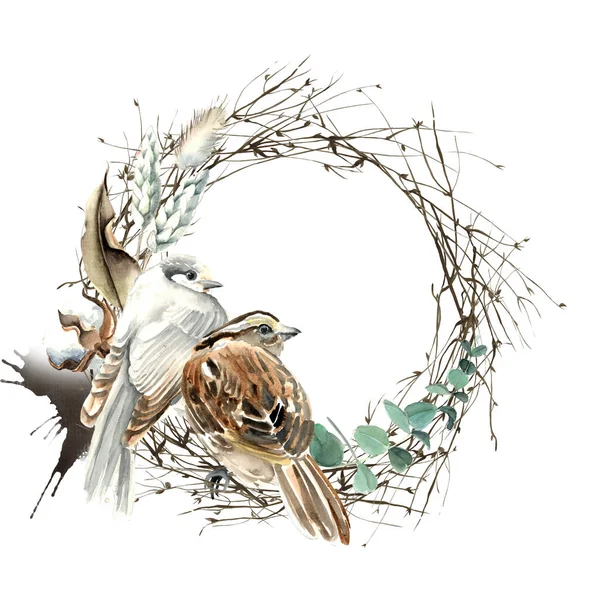 Watercolor Bird and Cotton Half Wreath Card — 스톡 사진