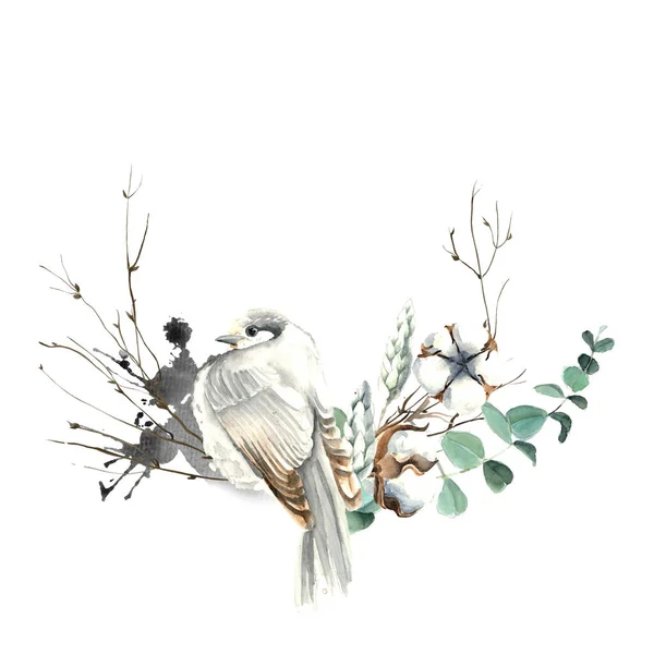 Akvarell madár és pamut félkoszorú kártya — Stock Fotó