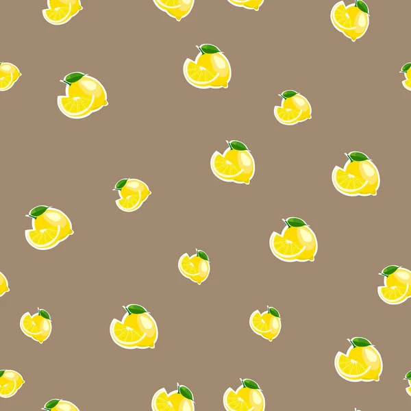 Pattern with lemon and leaves on brown background. — Stock Vector