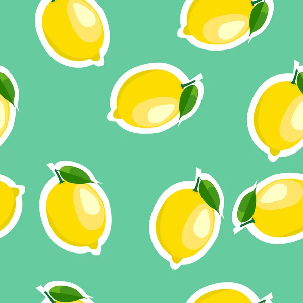 Muster. Zitrone und Blätter gleicher Größe auf türkisfarbenem Hintergrund. — Stockvektor