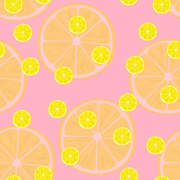 Vector illustration of lemon slices in same sizes on pink. Pattern. — Stock Vector