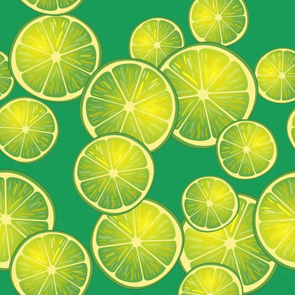 Ilustración vectorial de rodajas de cal sobre fondo verde en diferentes ángulos. Patrón . — Vector de stock