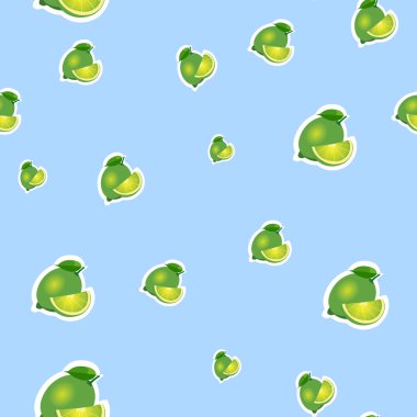 Desen. küçük kireç ve yaprakları farklı boyutlarda mavi zemin üzerine.