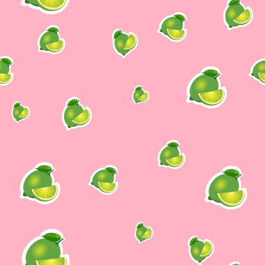 Desen. küçük kireç ve yaprakları farklı boyutlarda pembe bir arka plan üzerinde.