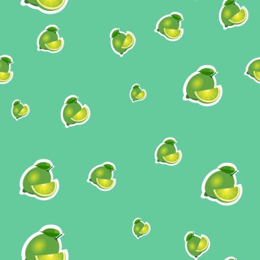 Desen. küçük kireç ve yaprakları farklı boyutlarda turkuaz arka plan üzerinde.