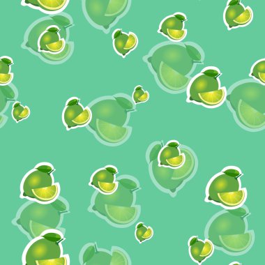 Desen. Turkuaz arka plan üzerinde farklı boyutlardaki kireç ve yaprakları. Şeffaflık kireç.